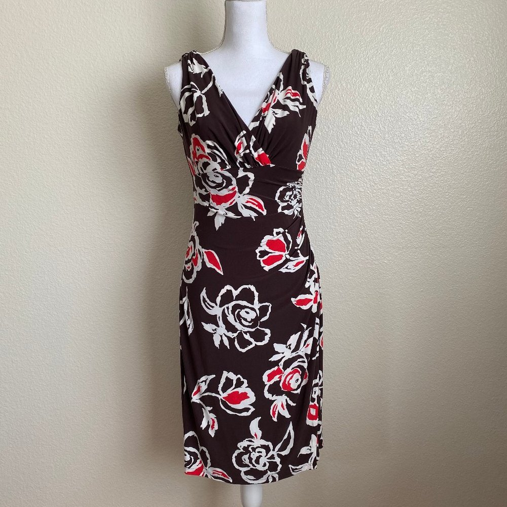 American Living Dress Floral brown Flower wrap Sheath stretch ruched Ruffled